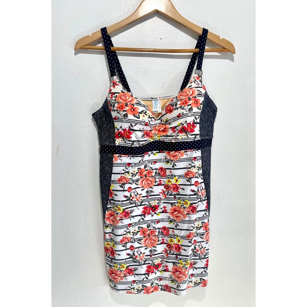 Beach dress spandex babydoll floral multi print coquet cottage summe women L NEW